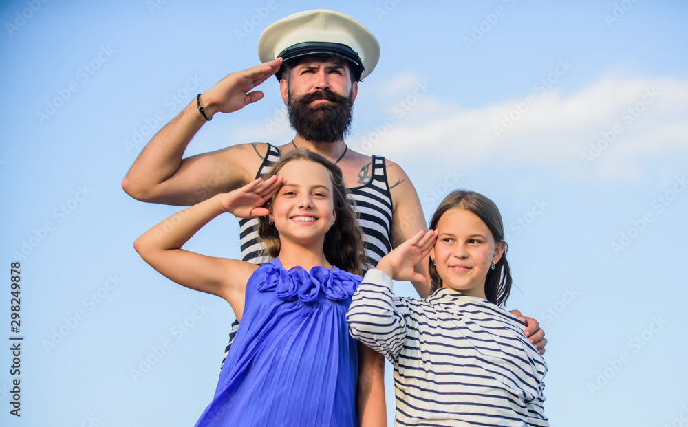 father back home. family day. dad and daughters outdoor. ship captain salute. welcome on board. small girls marine fashion. parenting discipline. sea cruise. have good swim. bearded sailor with kids