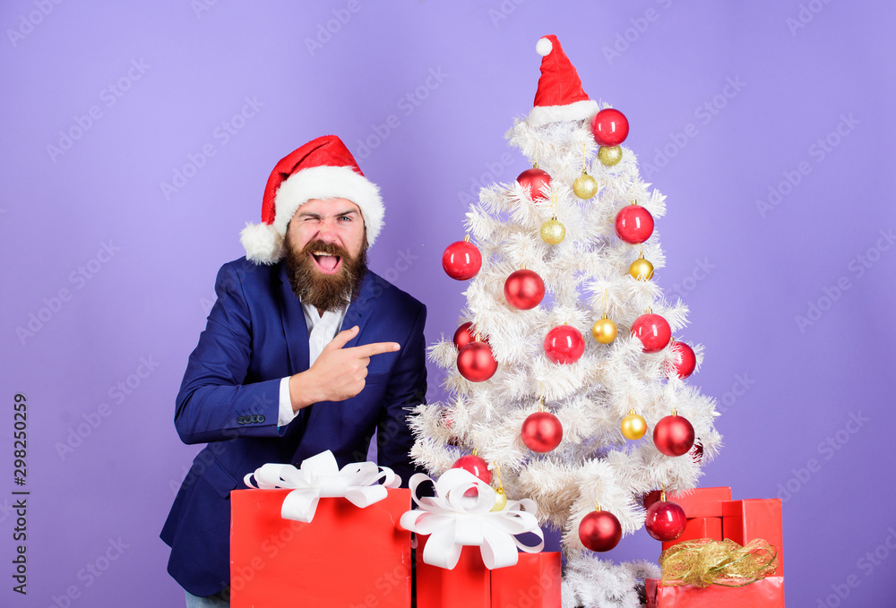 Check this out. Man santa preparing for celebrations. Tradition concept. December routine. Beautiful decor. Christmas decorations. Reusable christmas tree. Winter decorations. Decorate christmas tree Check this out. Man santa preparing for celebrations. Tradition concept. December routine. Beautiful decor. Christmas decorations. Reusable christmas tree. Winter decorations. Decorate christmas tree