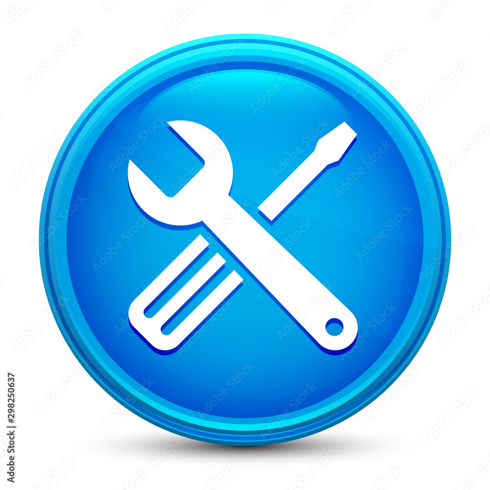 Tools icon glass shiny blue round button isolated design vector illustration Tools icon glass shiny blue round button isolated design vector illustration