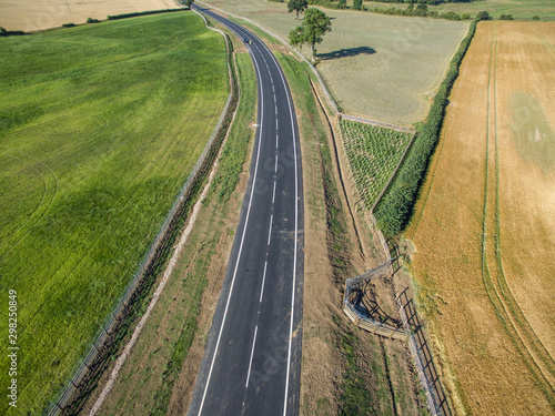 Aerial View of a road through fields