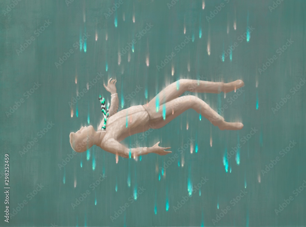 Surreal  sad and depression concept, lonely business man falling in green space, emotion, fantasy painting illustration
