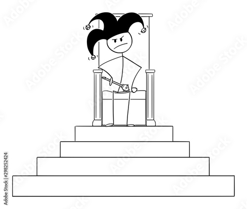 Vector cartoon stick figure drawing conceptual illustration of jester or fool sitting on throne of king. Concept of wrong person with power.