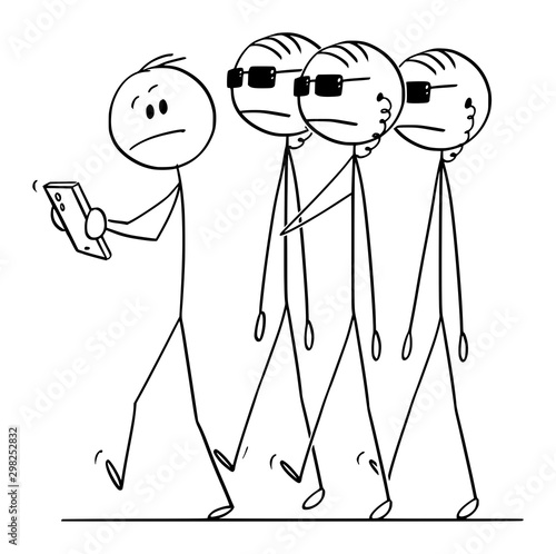 Vector cartoon stick figure drawing conceptual illustration of man with mobile phone followed and controlled by government secret service agents or spies. Concept of privacy.