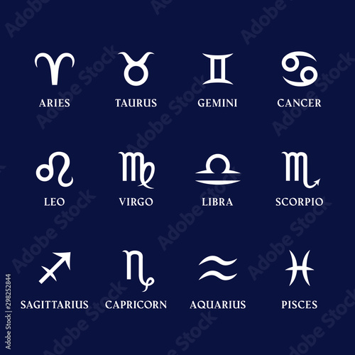 Set of zodiac signs and symbols on blue background. Horoscope, astrology icons. Twelve constellations isolated. Vector.