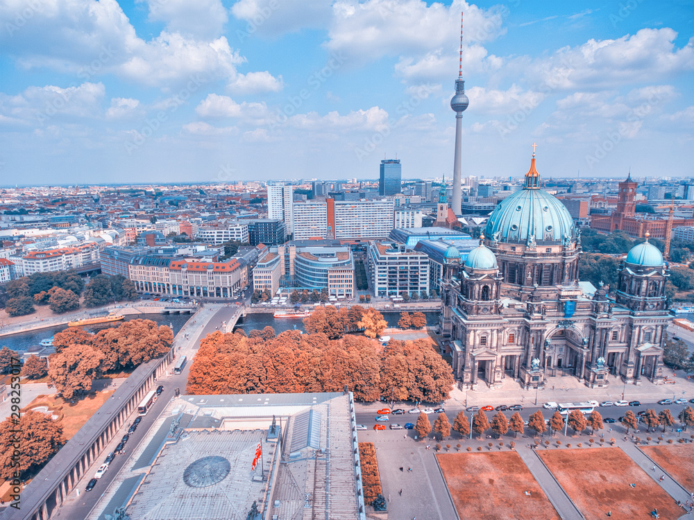 Naklejka premium Berlin aerial view from drone, Germany. Buildings, Cathedral and City Tower