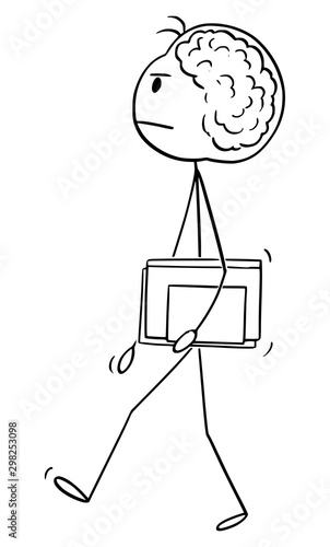 Vector cartoon stick figure drawing conceptual illustration of genial or brilliant man or scientist with big brain is walking with book.