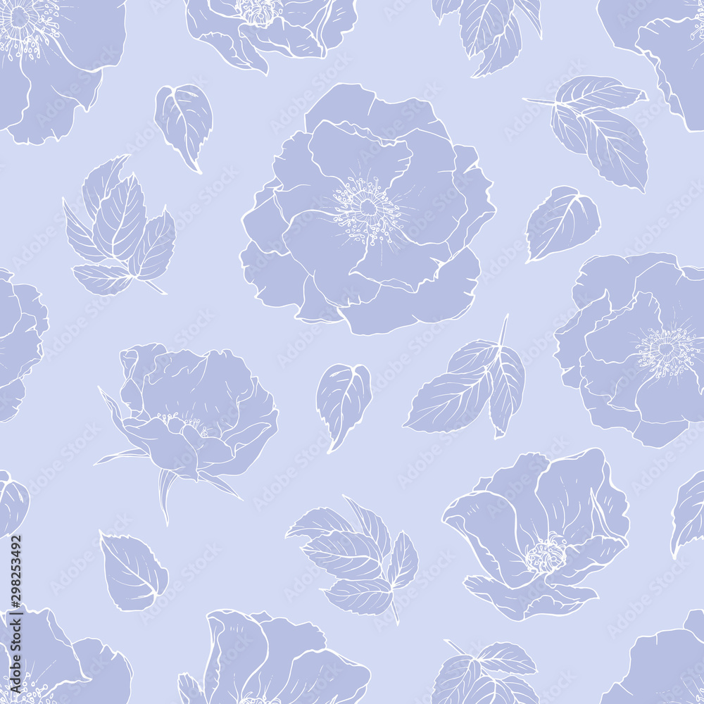 Blue Monochrome Floral Seamless Pattern with flowers wild roses and leaves. Blue Background For Textile, Wallpapers, Print, Greeting. Vector Illustration.