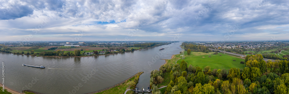 Panoramic view on the Rhine at Leverkusen. Aerial photography by drone.