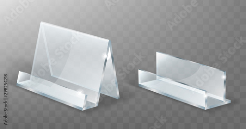 Acrylic nameplate holder, glass or plastic display stand for menu or cards, realistic vector illustration. Set of transparent table holders or tent for price isolated on transparent background.