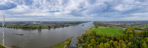 Panoramic view on the Rhine at Leverkusen. Aerial photography by drone.