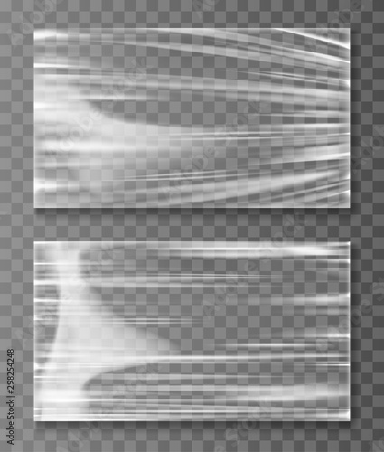 Stretched cellophane banner, realistic crumpled or folded texture vector illustration. Clear transparent polyethylene top of plastic container, tape or elastic wrapping paper for food or snacks bag