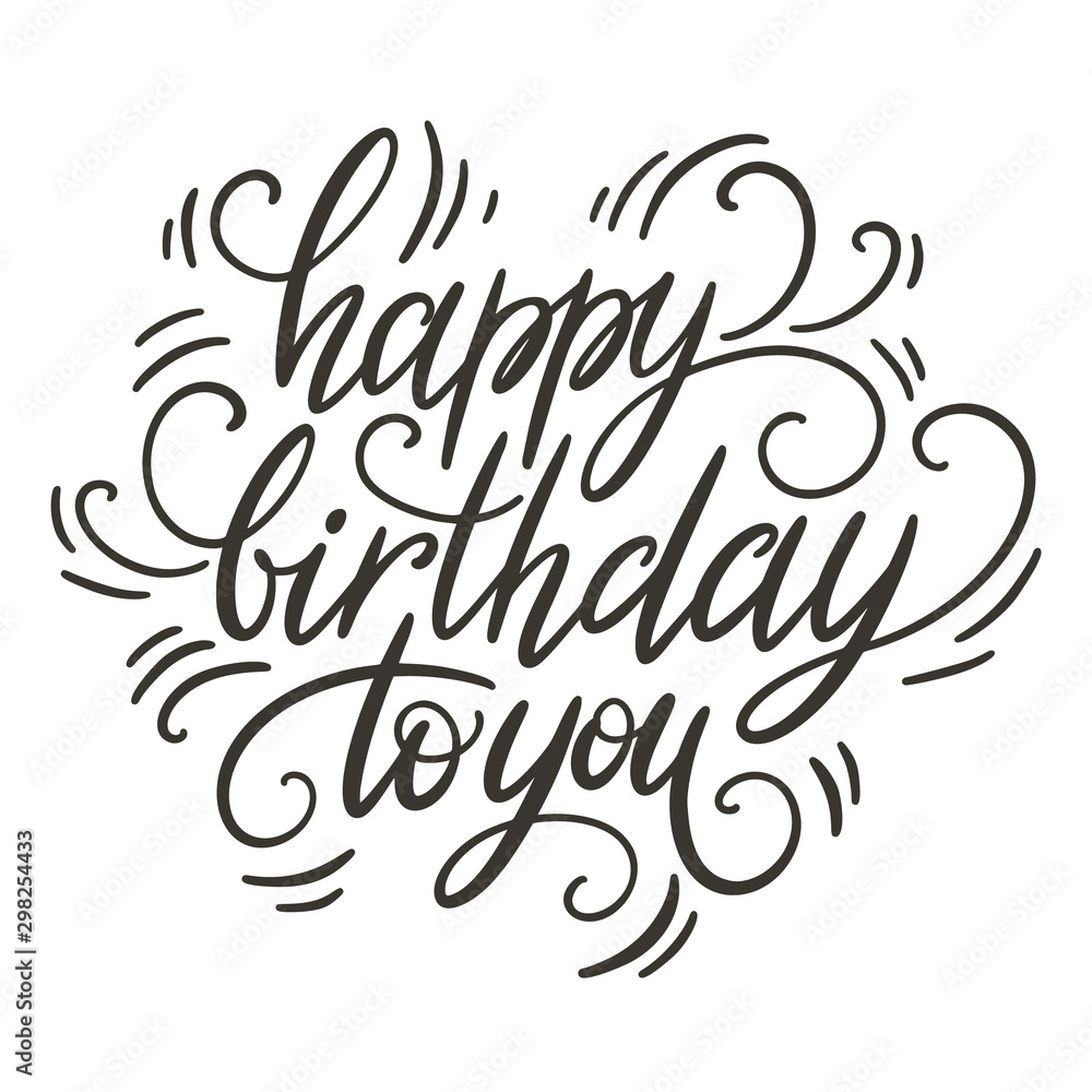 Fototapeta premium Happy birthday doodle hand lettering. Romantic background. Greeting card design template. Can be used for website background, poster, printing, banner. Vector illustration