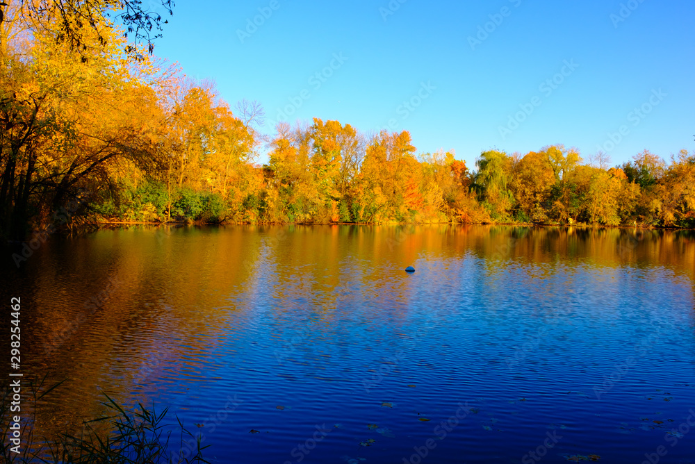 Golden autumn park,Autumn forest lake water landscape, Forest lake in fall, USA Golden autumn park,Autumn forest lake water landscape, Forest lake in fall, USA