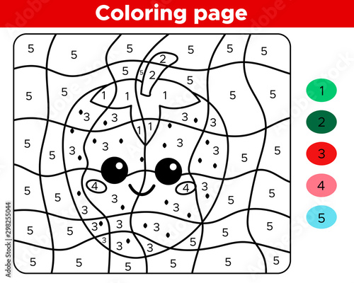 Number coloring page for preschool kids. Educational game. Cute kawaii strawberry. Cartoon character.