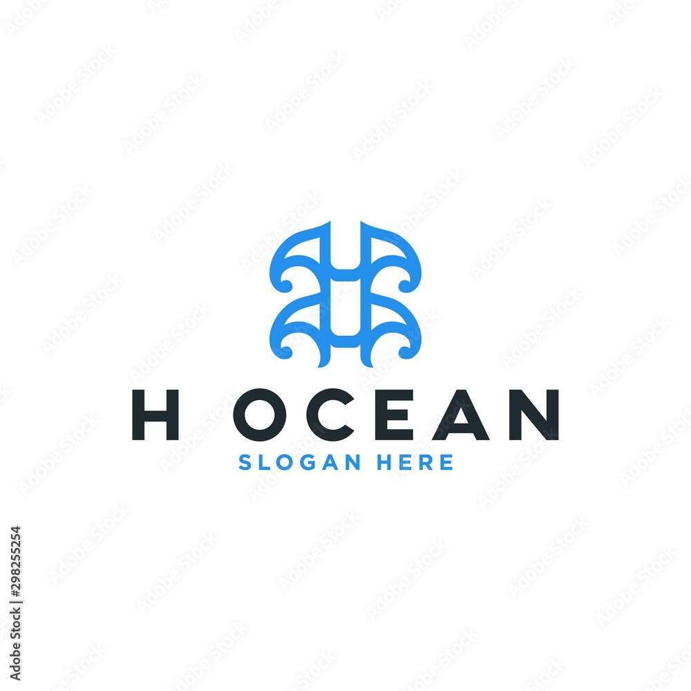 Letter H with Ocean Logo Design. Line Wave Design Icon. Modern and Beauty Beach Logo Line Vector Letter H with Ocean Logo Design. Line Wave Design Icon. Modern and Beauty Beach Logo Line Vector