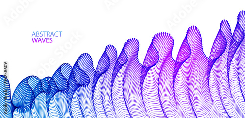 Vector abstract background with wave of flowing particles, smooth curve shape lines, transparent tulle textile on wind. 3d shape dots magic blended mesh.