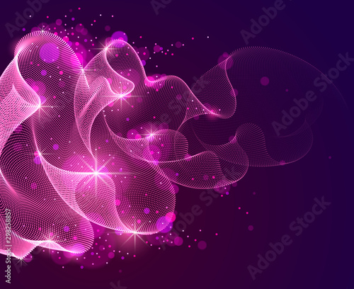 Flowing magic particles wave over dark, transparent tulle textile on wind, dynamic motion curve lines. 3d vector illustration. Beautiful calming wave shaped array of blended points.