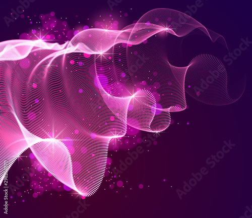 Dynamic magic wave transparent tulle textile on wind over dark, particles flow, effect in motion. Vector abstract background. 3d shape dots blended mesh, relaxing calming wallpaper.