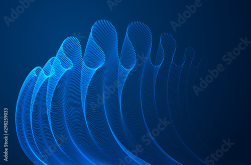 Array of magic particles flowing over dark, dynamic wave transparent tulle textile on wind. 3d vector illustration. Mesh round dots, beautiful relaxing wallpaper illustration.