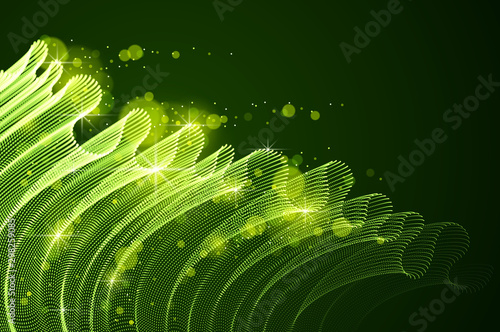 Vector abstract background with magic wave of flowing particles over dark, smooth curve shape lines, transparent tulle textile on wind. 3d shape dots magic blended mesh.