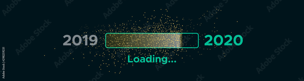 Progress bar with golden particles on black Download New Year's Eve. Loading animation screen with Glitter confetti shows almost reaching 2020. Creative festive banner with shiny progress bar. - obrazy, fototapety, plakaty 
