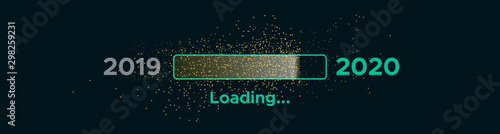 Progress bar with golden particles on black Download New Year's Eve. Loading animation screen with Glitter confetti shows almost reaching 2020. Creative festive banner with shiny progress bar.