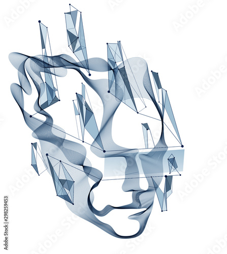 Obraz na płótnie futurystyczny przedstawiający abstrakcyjne kształty fali wektorowej obrazującej ludzką głowę