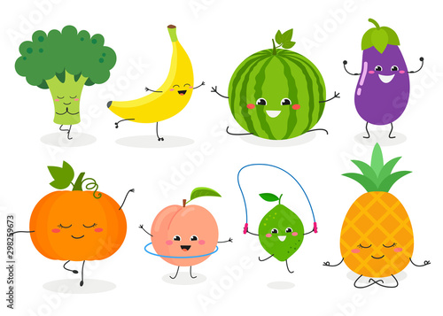 Fototapeta Naklejka Na Ścianę i Meble -  Funny cartoon sporty fruit and veggie characters