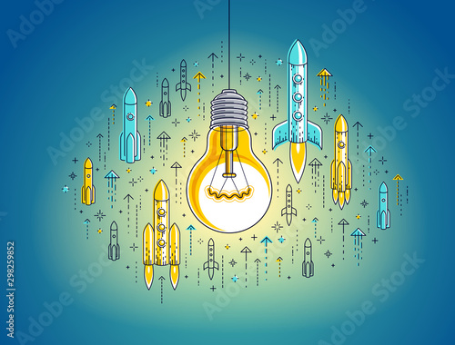 Shining light bulb and set of launching rockets, startup ideas creative concept, e-commerce allegory, new business, marketplace or online shop, vector illustration.