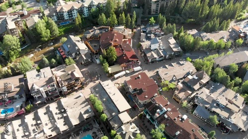 Buildings in Vail, Colorado. Overhead aerial view on a beautiful summer morning photo