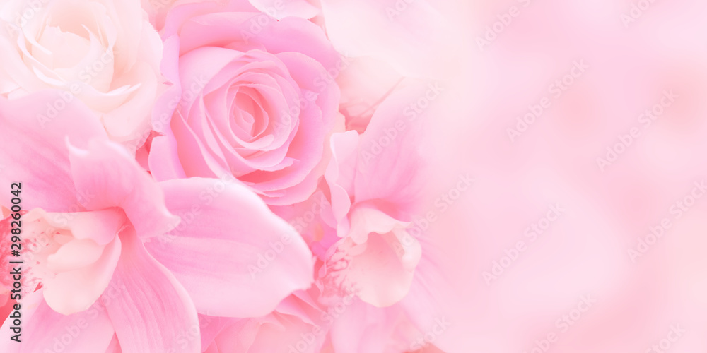 Obraz premium Blurred of rose flowers pink blooming. in the pastel color style for background. Stained glass pictures