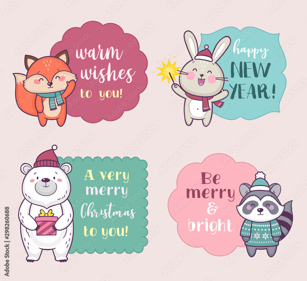 Fototapeta premium Set of cute cartoon Christmas characters wishing Merry Christmas. Vector illustration with cute forest animals