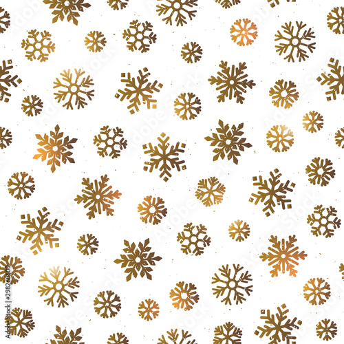 Vector Seamless pattern with various snowflakes in gold. Various golden snowflakes on white background. Merry Christmas holiday, Happy New Year celebration vector illustration