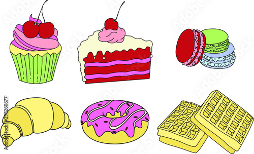 Vector illustration of sweeties. Cake  macaroons  croissant  donuts  waffles. Tasty illustration. 