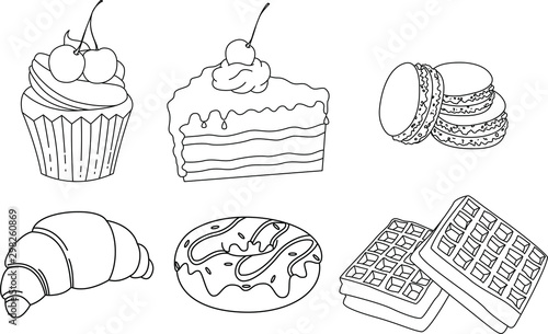 Vector illustration of sweeties in outlines. Cake, macaroons, croissant, donuts, waffles. Tasty illustration. Coloring page. Illustration for coloring book. 