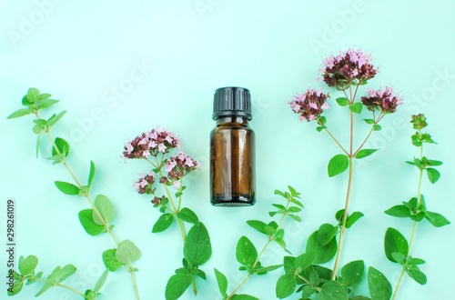 A bottle with oregano essential oil with fresh herbs, flat lay on mint color background.