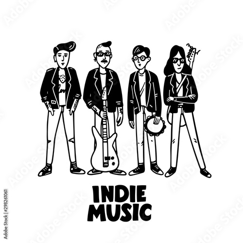 Indie rock music band. Black and white illustration of musicians wearing leather jackets. Template for card, poster, banner, print for t-shirt, pin badge patch. Vector illustration on white background