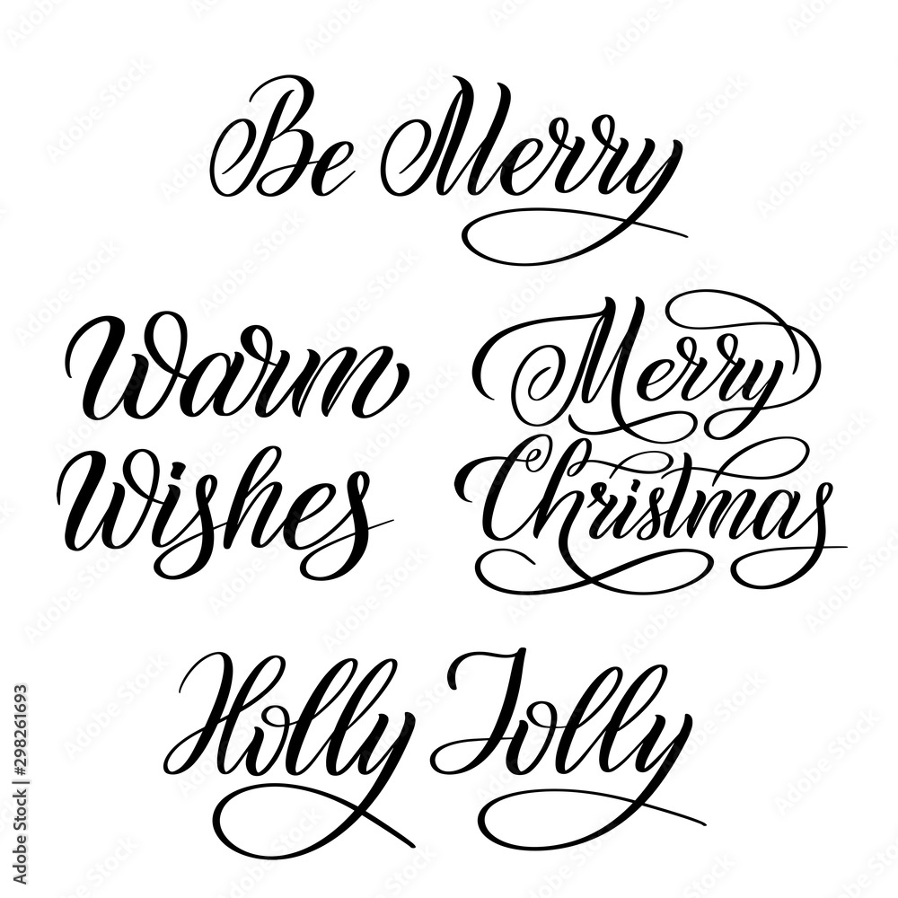 Set of Merry Christmas black isolated cursive signs. Calligraphic style. Hand writing script. Brush pen lettering. Handwritten phrase. Vector design element for greeting cards. Set of Merry Christmas black isolated cursive signs. Calligraphic style. Hand writing script. Brush pen lettering. Handwritten phrase. Vector design element for greeting cards.