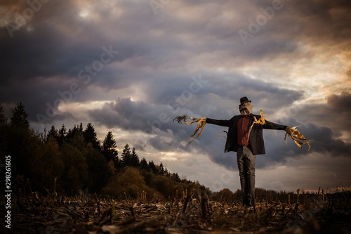 Photo scarecrow stands in the autumn field against the evening sky