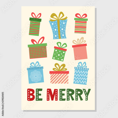 Merry Christmas card with gift wrapping boxes and sign. Holiday package with tape colorful vector illustration. Greeting design hand drawn elements.