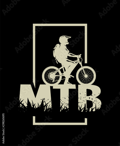 Silhouette of a cyclist on and the MTB letters on a dark background. Vector illustration.