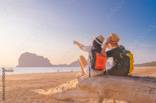 Romantic couple traveler joy look beautiful scenic landscape sunset beach, Outdoor lifestyle attraction travel Trang Thailand exotic beach, Tourist on summer holiday vacation, Tourism destination Asia
