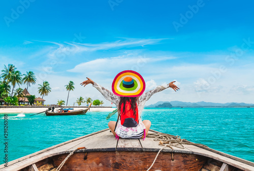 Happy traveler woman relaxing on boat Joy fun scenic tropical beach Mook island, Attraction place tourist travel Phuket Trang Thailand summer holiday vacation trips, Tourism beautiful destination Asia