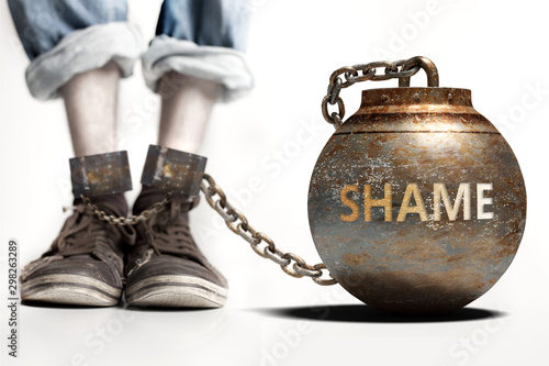 Shame can be a big weight and a burden with negative influence - Shame role and impact symbolized by a heavy prisoner's weight attached to a person, 3d illustration