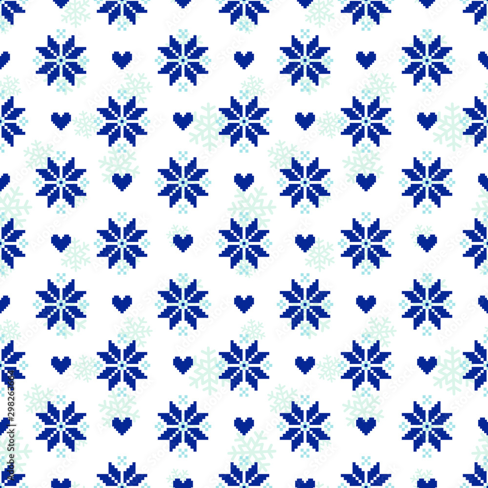 Vector seamless pattern for sweater with blue snowflakes and hearts. Christmas design for fabric, wallpaper, textile, greeting card, gift box, web design. Vector seamless pattern for sweater with blue snowflakes and hearts. Christmas design for fabric, wallpaper, textile, greeting card, gift box, web design.