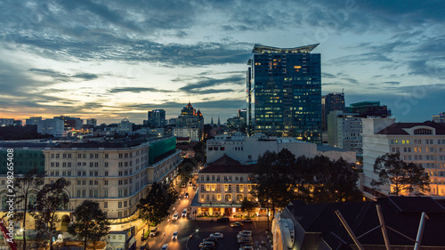 aerial view panoramic shot of District One at Sunset. Famous touristic quarter during golden hour. Ho Chi Minh  Vietnam.