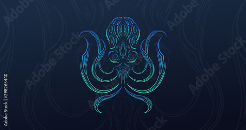 Octopus abstract hand drawn illustration background, digital line art style fantasy sea creature, ornamental underwater god concept