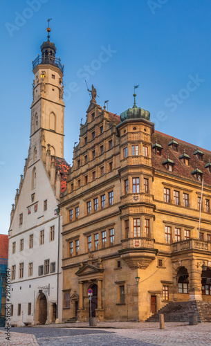 Two Rathaus buildings at Marktplatz square Rothenburg ob der Tauber Old Town Bavaria Germany