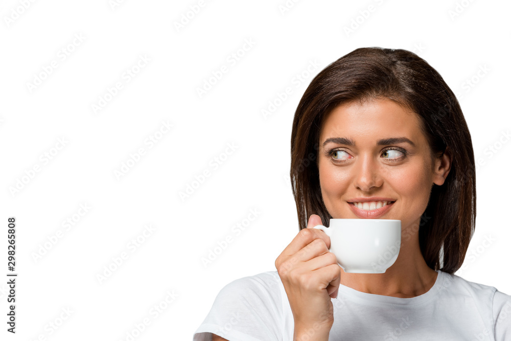 smiling brunette woman holding cup of coffee, isolated on white smiling brunette woman holding cup of coffee, isolated on white