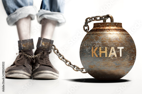 Khat can be a big weight and a burden with negative influence - Khat role and impact symbolized by a heavy prisoner's weight attached to a person, 3d illustration